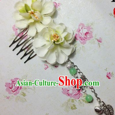 Traditional Chinese Ancient Classical Hair Accessories Hanfu Green Flowers Hair Comb Bride Butterfly Tassel Hairpins for Women