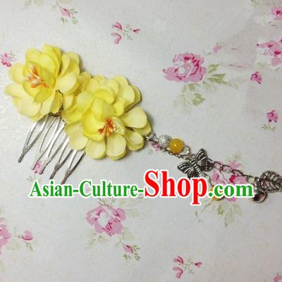 Traditional Chinese Ancient Classical Hair Accessories Hanfu Yellow Flowers Hair Comb Bride Butterfly Tassel Hairpins for Women