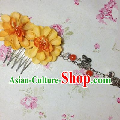 Traditional Chinese Ancient Classical Hair Accessories Hanfu Orange Flowers Hair Comb Bride Butterfly Tassel Hairpins for Women