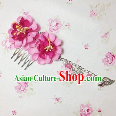 Traditional Chinese Ancient Classical Hair Accessories Hanfu Rosy Flowers Hair Comb Bride Butterfly Tassel Hairpins for Women