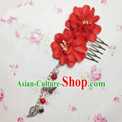 Traditional Chinese Ancient Classical Hair Accessories Hanfu Red Flowers Hair Comb Bride Butterfly Tassel Hairpins for Women