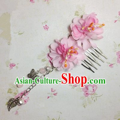 Traditional Chinese Ancient Classical Hair Accessories Hanfu Pink Flowers Hair Comb Bride Butterfly Tassel Hairpins for Women