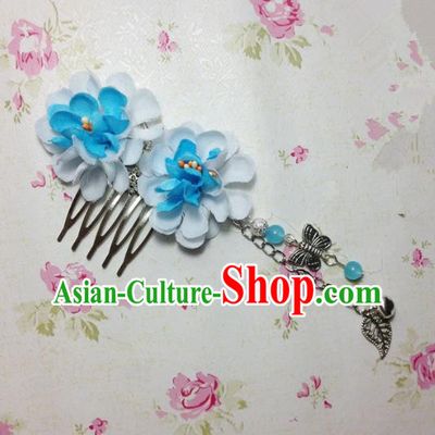 Traditional Chinese Ancient Classical Hair Accessories Hanfu Blue Flowers Hair Comb Bride Butterfly Tassel Hairpins for Women