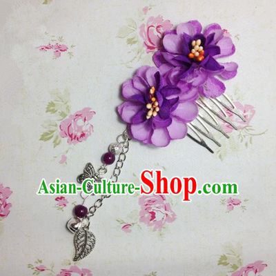 Traditional Chinese Ancient Classical Hair Accessories Hanfu Purple Flowers Hair Comb Bride Butterfly Tassel Hairpins for Women