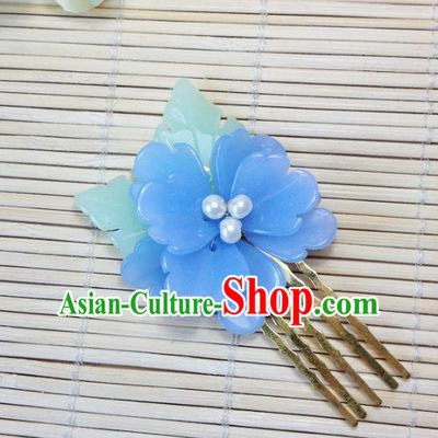 Traditional Chinese Ancient Classical Hair Accessories Hanfu Hair Comb Blue Flower Hairpins for Women