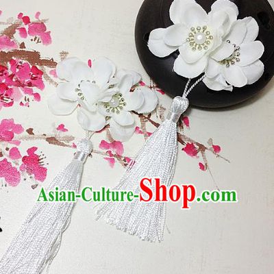 Traditional Chinese Ancient Classical Hair Accessories Hanfu White Flowers Tassel Hair Stick Bride Hairpins for Women