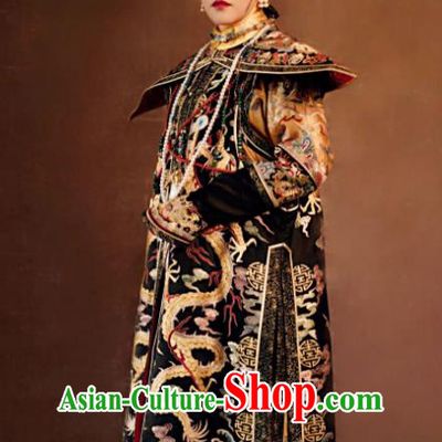 Traditional Ancient Chinese Qing Dynasty Manchu Imperial Empress Mandarin Embroidered Costume and Handmade Headpiece Complete Set for Women