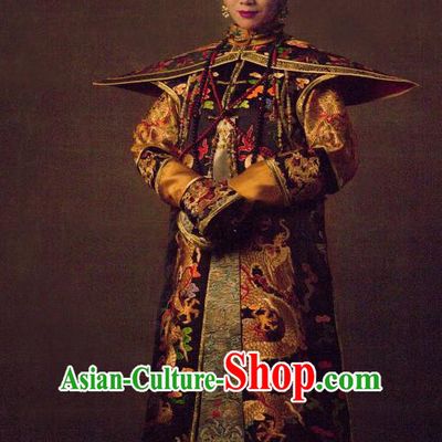 Traditional Ancient Chinese Qing Dynasty Palace Lady Manchu Imperial Concubine Embroidered Dragons Costume and Handmade Headpiece Complete Set