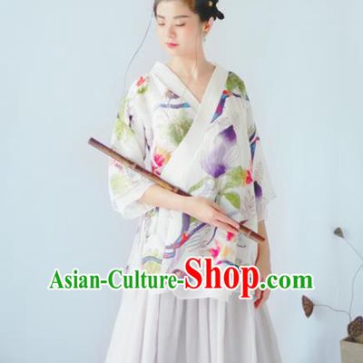 Asian China National Costume Hanfu Slant Opening Printing Flowers White Qipao Blouse, Traditional Chinese Tang Suit Cheongsam Shirts Clothing for Women
