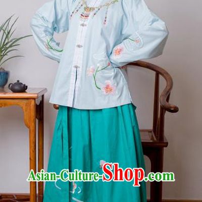 Asian China Ming Dynasty Princess Costume Blue Blouse and Green Skirt, Traditional Ancient Chinese Palace Lady Embroidered Hanfu Clothing for Women