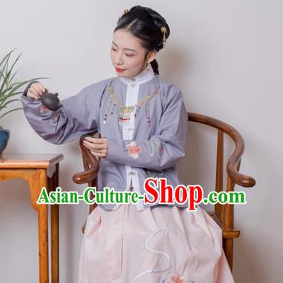 Asian China Ming Dynasty Princess Costume Purple Blouse and Pink Skirt, Traditional Ancient Chinese Palace Lady Embroidered Hanfu Clothing for Women