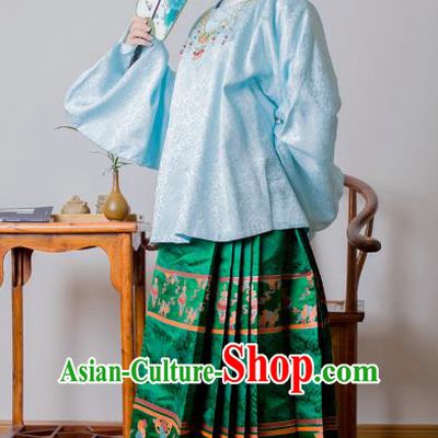 Asian China Ming Dynasty Palace Lady Costume Green Brocade Horse-face Skirt, Traditional Ancient Chinese Princess Hanfu Embroidered Clothing for Women