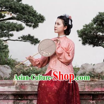 Asian China Ming Dynasty Palace Lady Costume Pink Brocade Blouse, Traditional Ancient Chinese Princess Hanfu Embroidered Clothing for Women
