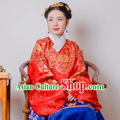 Asian China Ming Dynasty Palace Lady Costume Red Brocade Wedding Blouse, Traditional Ancient Chinese Princess Hanfu Embroidered Clothing for Women
