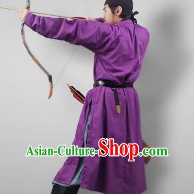 Asian China Tang Dynasty Swordsman Costume Purple Robe, Traditional Ancient Chinese Imperial Bodyguard Clothing for Men