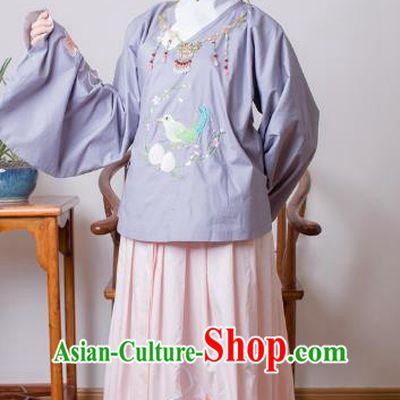 Asian China Ming Dynasty Princess Costume Purple Blouse and Pink Skirt, Traditional Ancient Chinese Palace Lady Embroidered Hanfu Clothing for Women