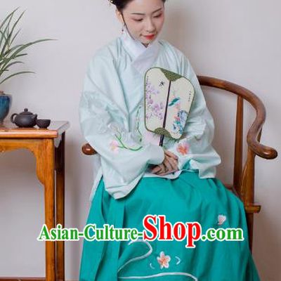 Asian China Ming Dynasty Princess Costume Blue Blouse and Green Skirt, Traditional Ancient Chinese Palace Lady Embroidered Hanfu Clothing for Women