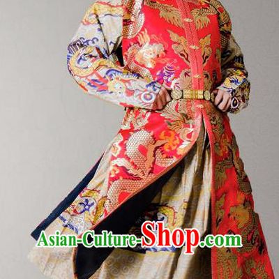 Asian China Ming Dynasty Swordsman Costume Red Brocade Vest, Traditional Ancient Chinese Imperial Emperor Waistcoat Clothing for Men