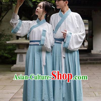 Asian China Han Dynasty Scholar Costume, Traditional Ancient Chinese Hanfu Embroidered Clothing for Women for Men