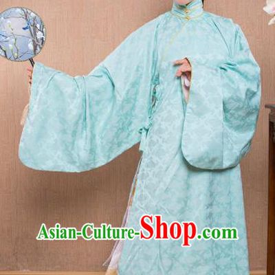 Asian China Ming Dynasty Princess Costume Blue Robe, Traditional Ancient Chinese Palace Lady Embroidered Hanfu Clothing for Women