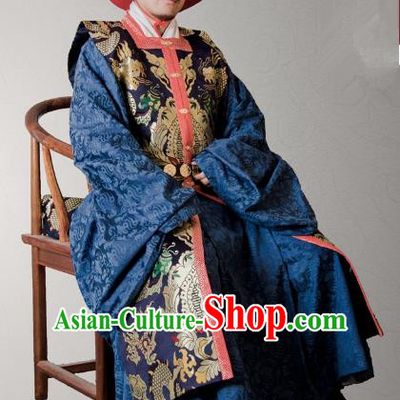 Asian China Ming Dynasty Swordsman Costume Blue Brocade Vest, Traditional Ancient Chinese Imperial Emperor Waistcoat Clothing for Men