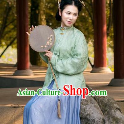 Asian China Ming Dynasty Princess Costume Green Blouse, Traditional Ancient Chinese Palace Lady Embroidered Hanfu Shirts Clothing for Women