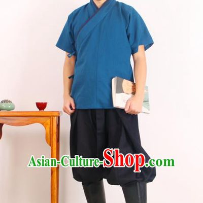 Asian China Ming Dynasty Swordsman Costume Blue Shirts, Traditional Ancient Chinese Hanfu Clothing for Men