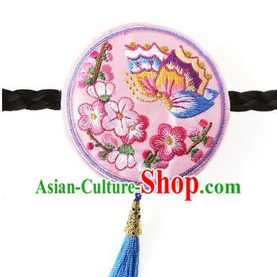Traditional Korean Hair Accessories Embroidered Butterfly Pink Hair Clasp, Asian Korean Fashion Headwear Headband for Kids