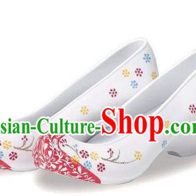 Traditional Korean National Embroidered Shoes, Asian Korean Hanbok White Wedding Bride Shoes for Women