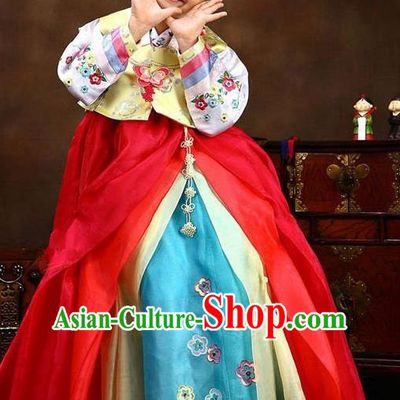 Traditional Korean Handmade Hanbok Embroidered Bride Clothing, Asian Korean Fashion Apparel Hanbok Embroidery Costume for Kids