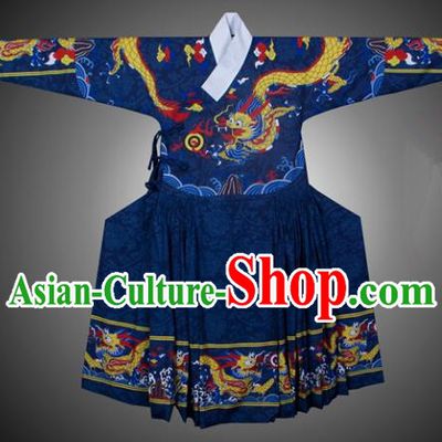 Asian China Ming Dynasty Swordsman Costume Printing Blue Robe, Traditional Ancient Chinese Imperial Bodyguard Hanfu Clothing for Men