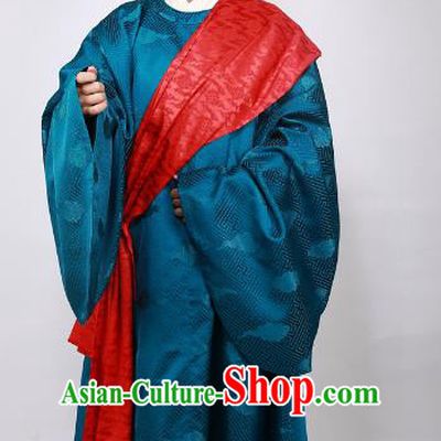 Asian China Ming Dynasty Minister Costume Blue Brocade Robe, Traditional Ancient Chinese Chancellor Hanfu Clothing for Men