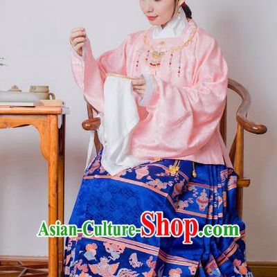 Asian China Ming Dynasty Princess Costume Pink Blouse, Traditional Ancient Chinese Palace Lady Embroidered Hanfu Clothing for Women