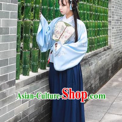 Asian China Ming Dynasty Princess Costume Blue Blouse and Skirt, Traditional Ancient Chinese Palace Lady Hanfu Embroidered Clothing for Women