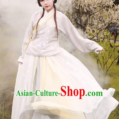 Asian China Ming Dynasty Princess Costume White Blouse and Skirt, Traditional Ancient Chinese Palace Lady Hanfu Embroidered Clothing for Women