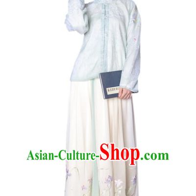 Asian China Ming Dynasty Princess Costume Green Blouse and Skirt, Traditional Ancient Chinese Palace Lady Hanfu Embroidered Clothing for Women