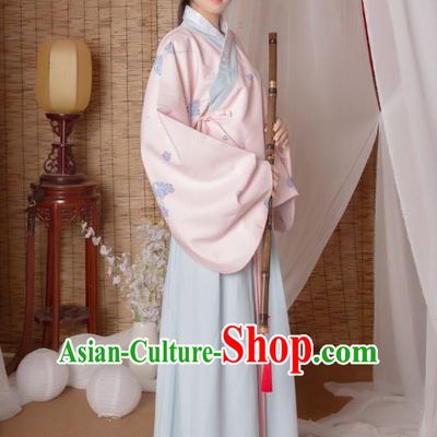 Asian China Ming Dynasty Princess Costume Pink Blouse and Skirt, Traditional Ancient Chinese Palace Lady Hanfu Embroidered Clothing for Women