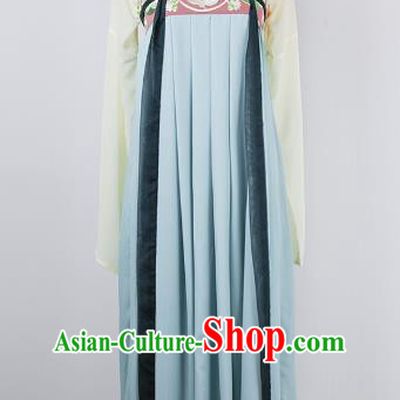 Asian China Tang Dynasty Princess Costume, Traditional Ancient Chinese Palace Lady Embroidered Hanfu Blue Slip Skirt Clothing for Women