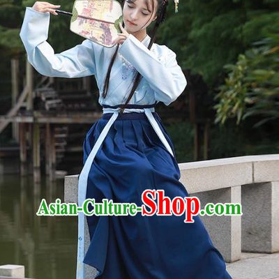 Asian China Ming Dynasty Imperial Princess Costume, Traditional Ancient Chinese Hanfu Embroidered Blouse and Skirt Clothing for Women