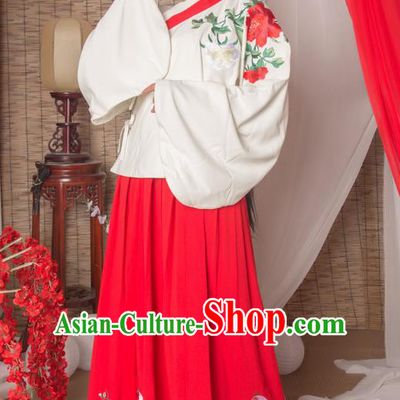 Asian China Ming Dynasty Imperial Princess Costume Blouse and Red Skirt, Traditional Ancient Chinese Hanfu Embroidered Clothing for Women