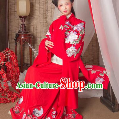 Asian China Ming Dynasty Imperial Princess Red Cloak, Traditional Ancient Chinese Hanfu Embroidered Cape Clothing for Women