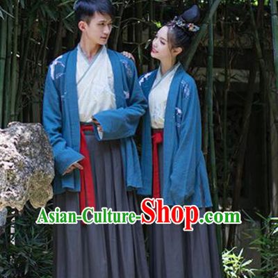 Asian China Han Dynasty Costume Blue BeiZi, Traditional Ancient Chinese Hanfu Embroidered Clothing for Women for Men