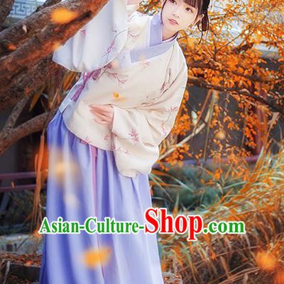 Asian China Ming Dynasty Princess Costume Printing Blouse and Skirt, Traditional Ancient Chinese Palace Lady Hanfu Clothing for Women