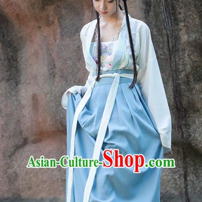 Asian China Ming Dynasty Young Lady Blue Costume Complete Set, Traditional Ancient Chinese Princess Hanfu Embroidered Clothing for Women