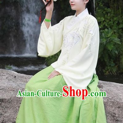 Asian China Ming Dynasty Young Lady Costume Complete Set, Traditional Ancient Chinese Princess Hanfu Embroidered Blouse and Skirt Clothing for Women