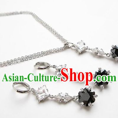 Traditional Korean Accessories Asian Korean Fashion Wedding Black Crystal Necklace and Earrings Complete Set for Women