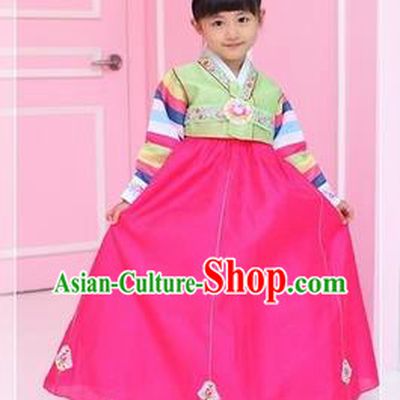 Traditional Korean National Girls Handmade Court Embroidered Clothing, Asian Korean Apparel Hanbok Embroidery Green Costume for Kids