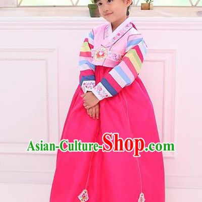 Traditional Korean National Girls Handmade Court Embroidered Clothing, Asian Korean Apparel Hanbok Embroidery Pink Dress Costume for Kids