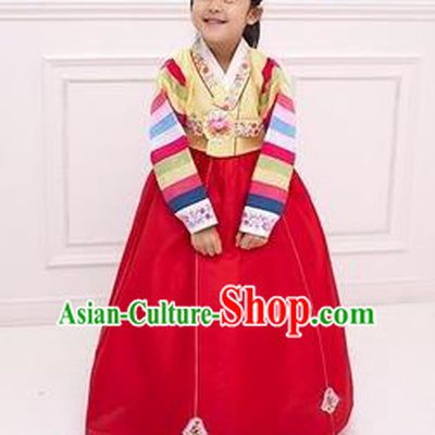 Traditional Korean National Girls Handmade Court Embroidered Clothing, Asian Korean Apparel Hanbok Embroidery Yellow Costume for Kids
