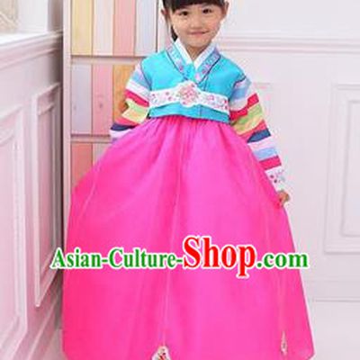 Traditional Korean National Girls Handmade Court Embroidered Clothing, Asian Korean Apparel Hanbok Embroidery Blue Costume for Kids
